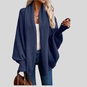 Lantern Sleeve Shawl Collar Cardigan Blue